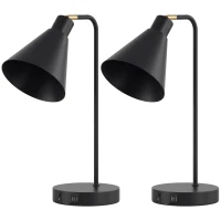 HOMCOM Set de 2 Lămpi de Masă Moderne din Oțel cu Porturi USB, E27, Becurile Nu Sunt Incluse, Negru(m-1)