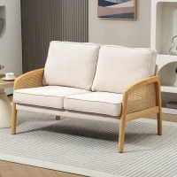 HOMCOM Sofá de 2 Plazas Tapizado en Chenilla con 2 Almohadas Lavables y Reposabrazos de Ratán Sintético 123x75x88 cm Beige(m-10)