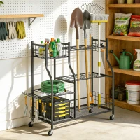 Outsunny Organisateur d'Outils de Jardin en Acier à 3 Niveaux, 32 Emplacements, 4 Roues, 11 Crochets, 104x40x95cm, Noir(m-11)