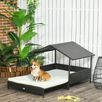 PawHut Extendable Elevated Dog Bed, Rattan Dog House, with Water-Resistant Roof, Removable Cushion, Cream(m-2)