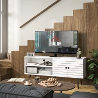 HOMCOM TV Stand with Cupboard, Open Shelves, Striped Doors, Wooden legs, White(m-10)