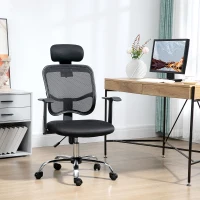 Scaun de birou ergonomic Vinsetto cu șezut reglabil și tetieră, din poliester și oțel, 63x62x106-114 cm, Negru(m-2)