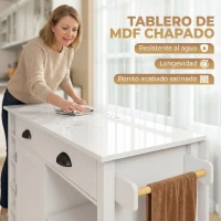 HOMCOM Isla de Cocina con Ruedas Tapa Abatible Estantes en la Puerta Toallero Armario 2 Cajones 117,5x70x91 cm Blanco(m-7)
