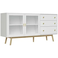 HOMCOM Aparador de Comedor con 2 Puertas de Cristal 3 Cajones y Patas de Madera de Caucho para Cocina Salón 160x40x80 cm Blanco(m-11)