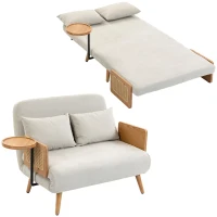 HOMCOM Sofá Cama 2 Plazas Convertible 3 en 1 Tapizado en Chenilla con Respaldo Ajustable Mesa Lateral 2 Almohadas Blanco Crema(m-1)