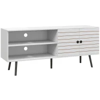HOMCOM TV Stand with Cupboard, Open Shelves, Striped Doors, Wooden legs, White(m-1)