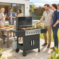 Outsunny Barbacoa de Gas con 6 Quemadores Termómetro Parrilla Mesas Laterales Armario y Ruedas 135x51x101 cm Negro(m-10)