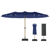 Outsunny Double Sided Garden Parasol with Base Included & 48 Solar LED Lights Patio Umbrella Crank Handle 4.6m Dark Blue(m-11)