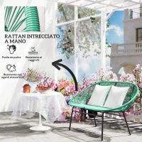 Outsunny Divano da Giardino 2 Posti in Rattan PE e Acciaio con Cuscini e Braccioli, 132x72x83 cm, Verde(m-5)