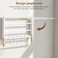 HOMCOM Portasciugamani a Parete Pieghevole con 5 Barre e 6 Ganci in Legno e Acciaio, 60x32.5x20 cm, Bianco(m-4)