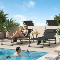 Outsunny Set de 2 Tumbonas Plegables con Reposacabezas Parasol Bolsillo Lateral y Respaldo Reclinable en 5 Posiciones Negro(m-10)