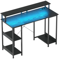 HOMCOM Scrivania per PC Reversibile con Prese Elettriche, Luci, Supporto Monitor e Scaffale, 120x50cm, Nero(m-10)