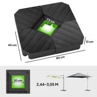 Outsunny Set 4 Mattonelle Base per Ombrellone a Braccio Riempibili con Acqua o Sabbia fino a 80 kg, Nero(m-3)