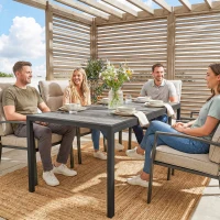 Outsunny Tavolo da Giardino 4-6 Persone con Piano Effetto Legno, in Acciaio e Plastica PSPC, 150x80x74 cm, Grigio e Nero(m-9)