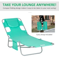 Outsunny Foldable Sun Lounger with Reading Hole - Portable Sun Lounger with 5-Level Adjustable Backrest, Reclining Lounge Chair with Side Pocket, Headrest Pillow, Green(m-19)