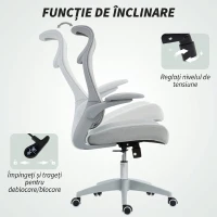 HOMCOM Scaun de Birou Ergonomic cu Brațe Reglabile, Spătar din Plasă și Tetieră, Gri(m-8)