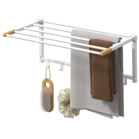 HOMCOM Portasciugamani a Parete Pieghevole con 5 Barre e 6 Ganci in Legno e Acciaio, 60x32.5x20 cm, Bianco(m-10)