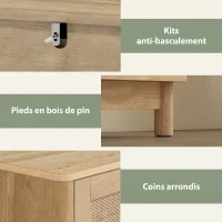 HOMCOM Commode 3 Tiroirs en Rotin, Meuble de Rangement, Chiffonnier, Pieds en Bois Massif, Style Bohème, 76x35x76cm, Chêne(m-6)