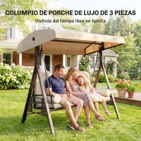 Outsunny Balancín de Jardín de 3 Plazas con Estructura Metálica Toldo y Bandeja para Bebidas para Exterior 208x121x172 cm Beige(m-7)