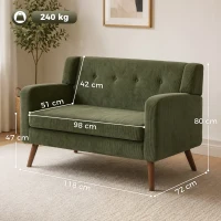 HOMCOM 2 Seater Sofa, 118 cm Corduroy Small Loveseat with Spring Cushion, Wood Legs for Small Space, Living Room, Dark Green(m-3)