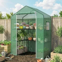 Outsunny Invernadero con 1 Puerta 2 Ventanas y Estantes de 2 Niveles en Forma de U para Cultivo de Plantas 140x73x190 cm Verde(m-2)