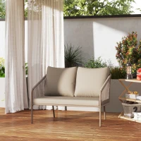 Outsunny Divano da Giardino 2 Posti Stile Boho in Rattan PE e Acciaio con Cuscini, 112x72x76, Beige(m-9)