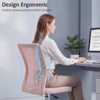Vinsetto Scaun de Birou Ergonomic, Rotativ, fără Brațe, din Plasă Respirabilă, Înălțime Reglabilă, Roz(m-4)