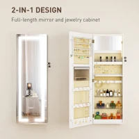 HOMCOM LED Mirror Jewellery Cabinet, Wall Mounted Full Length Mirror with Storage, Lockable Jewellery Organiser, White(m-4)