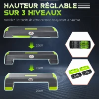 HOMCOM Stepper aérobic fitness hauteur réglable 3 niveaux surface antidérapante 78 x 28 x 20 cm vert et gris(m-5)