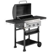Outsunny Barbacoa de Gas con 3 Quemadores Termómetro Parrilla Mesas Laterales Plegables Estante y Ruedas 123x57x102 cm Negro(m-1)