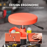 HOMCOM Taburet de Atelier cu Roți Ø6 cm, Capacitate până la 135 kg, Înălțime Reglabilă 40-51 cm, cu Tăvi pentru Unelte, Portocaliu(m-6)