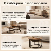 HOMCOM Set de 2 Mesas de Centro Redondas Mesas Nido Industriales con Estructura Metálica para Salón o Dormitorio Marrón(m-5)