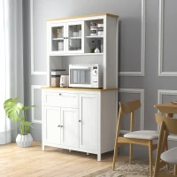 HOMCOM Küchenschrank im Landhausstil, 1 Vitrine, 1 offenes Regal, 1 Schublade, 2 Schränke, Natur + Weiß(m-10)