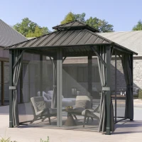 Outsunny 3 x 3(m) Hardtop Gazebo Canopy with Metal Roof, Waterproof Permanent Pavilion Garden Gazebo with Netting, Curtains, Grey(m-10)