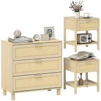 HOMCOM Chest of Drawer and Nightstands, Boho Rattan Furniture Set, Nature Wood Finish(m-1)
