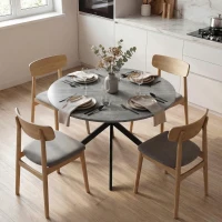 HOMCOM Table à Manger Ronde pour 4 Personnes 100 cm, Style Industriel avec Plateau Aspect Bois, Piètement Croisé en Acier, Gris(m-11)