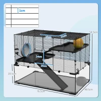 PawHut Cușcă pentru Hamsteri cu 3 Niveluri cu Bază din Sticlă Temperată, Roată și Accesorii, 76,5x48,5x54,5 cm, Negru(m-3)