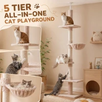 PawHut Floor to Ceiling Cat Tree 230-260cm Height Adjustable, 5-Tier Cat Tower with Scratching Posts, Hammock, Perches, Climbing Activity Centre for Indoor Kittens Playing and Relaxing, Beige(m-6)