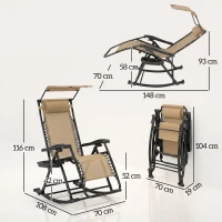 Outsunny Garden Rocking Chair Folding Recliner Outdoor Adjustable Sun Lounger Rocker Zero-Gravity Seat with Headrest Side Holder Patio Deck - Beige(m-3)