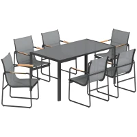 Outsunny Conjunto de Mesa y Sillas Jardín con Mesa de Vidrio Templado y 6 Sillas Transpirables para Terraza Patio Gris(m-1)