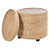 HOMCOM Banco com Compartimento de Arrumação e Tampa Banco Redondo Banco Cúbico Estofado com Pés 43x43x43 cm Cáqui(m-6)