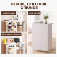 HOMCOM Dulap Pliabil pentru Mașină de Cusut cu Blat Mare și Roți, Alb(m-6)