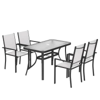 Outsunny Set da Giardino 5pz con 4 Sedie Impilabili e Tavolo in Vetro Temperato con Foro per Ombrellone, Grigio Chiaro(m-1)