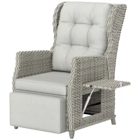Outsunny Rattan Garden Recliner Chair, Reclining Garden Chair with Adjustable Back and Footrest, Flip Table, Cushion, Light Grey(m-1)