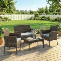Outsunny Set da Giardino 4pz con Divano 2 Posti, 2 Sedie e Tavolino Basso, in Rattan e Acciaio, Grigio e Marrone(m-10)