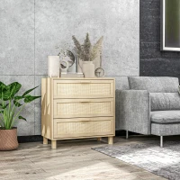 HOMCOM Chest of Drawer and Nightstands, Boho Rattan Furniture Set, Nature Wood Finish(m-9)