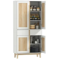 HOMCOM Buffet haut cuisine, armoire de cuisine avec 4 portes, 2 tiroirs et étagères réglables, 80x35x170cm, blanc et chêne(m-11)