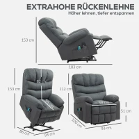 HOMCOM Poltrona elevatória, poltrona reclinável elétrica com função de massagem, poltrona estofada com função de elevação, metal, tecido, cinza(m-3)