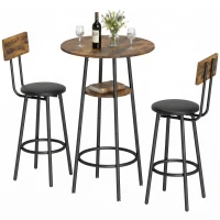 HOMCOM Industrie-Bartisch-Set mit 2 gepolsterten Hockern, Fußstützen, Metallrahmen, Küchentisch mit Ablage, Rustikal Braun(m-10)