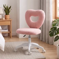 HOMCOM Scaun de Birou Rotativ cu Spătar în Formă de Inimă, Înălțime Reglabilă, Țesătură Teddy, 45x56x78-88 cm, Roz(m-2)